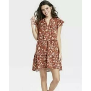 Knox Rose Flutter Short Sleeve Knit Tiered Dress Small Brown NWT